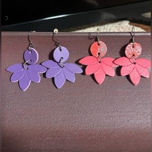 Purple and Watermelon Petal Drop Handmade Leather Earrings